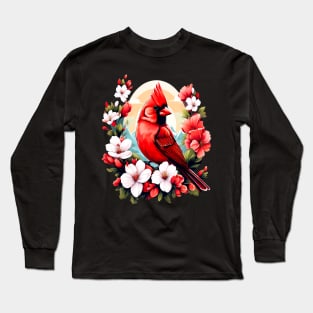 Cute Northern Cardinal Surrounded by Vibrant Spring Flowers Long Sleeve T-Shirt